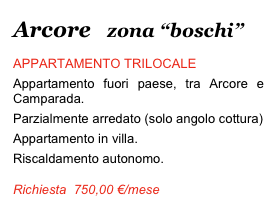 Arcore    zona “boschi”
APPARTAMENTO TRILOCALE
Appartamento fuori paese, tra Arcore e Camparada.
Parzialmente arredato (solo angolo cottura)
Appartamento in villa.
Riscaldamento autonomo.
Richiesta  750,00 €/mese